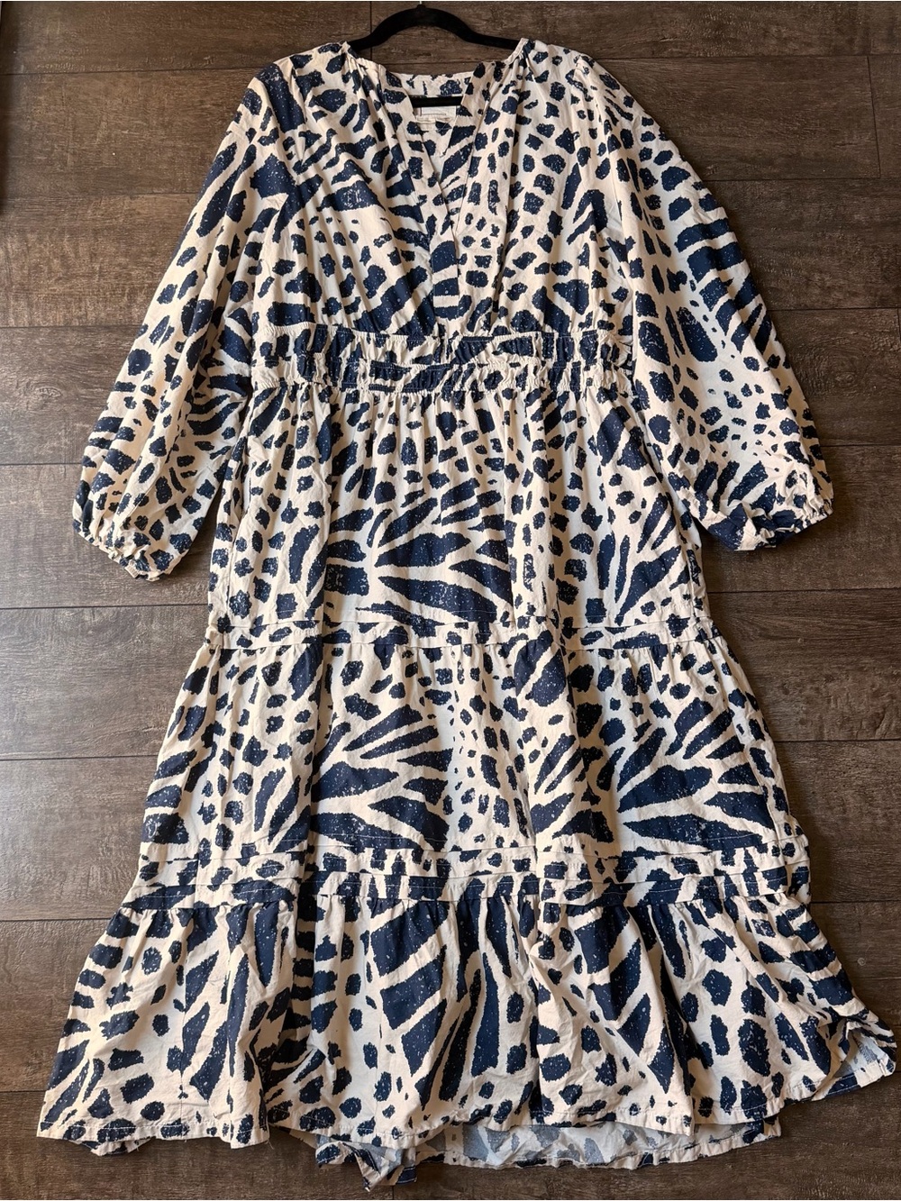 Anthropologie Navy and Cream Printed Tiered V-Neck Dress